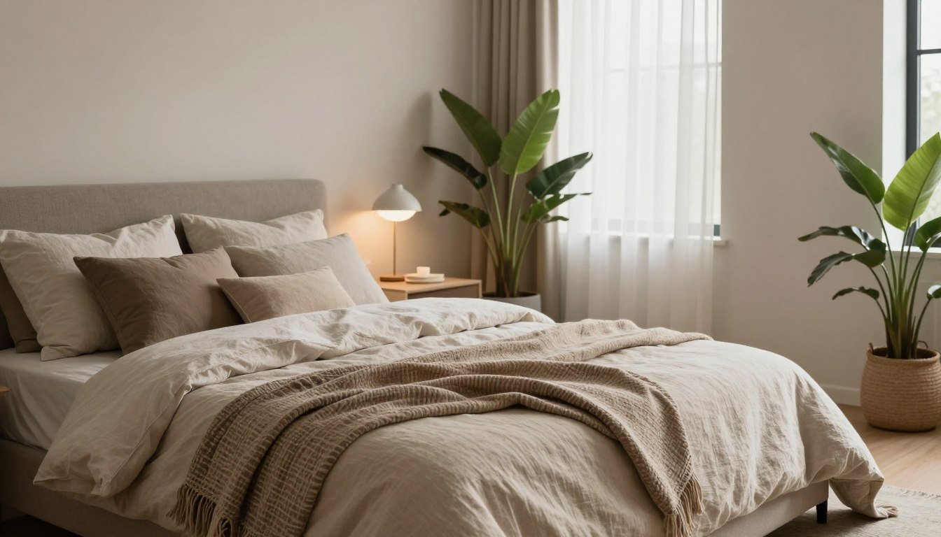 A beautifully designed Japandi-style bedroom showcasing textural contrast through layered bedding. In the foreground, an inviting bed adorned with a mix of soft, earthy-toned linens and textured throws, featuring subtle patterns and varying materials like linen and cotton. The middle ground includes minimalistic bedside tables with simple, modern lamps and lush green plants, adding a touch of nature. The background reveals a softly lit space with neutral walls and a large window dressed in sheer curtains, allowing natural light to softly illuminate the room. The atmosphere is calm and serene, perfect for relaxation. The image is captured from a slight angle, using a warm tone to enhance the cozy feel of this stylish and minimalist interior. Japandi Bedroom Inspiration: 10 Effortless Ideas for a Calmer Home by Dwell Studio 24
