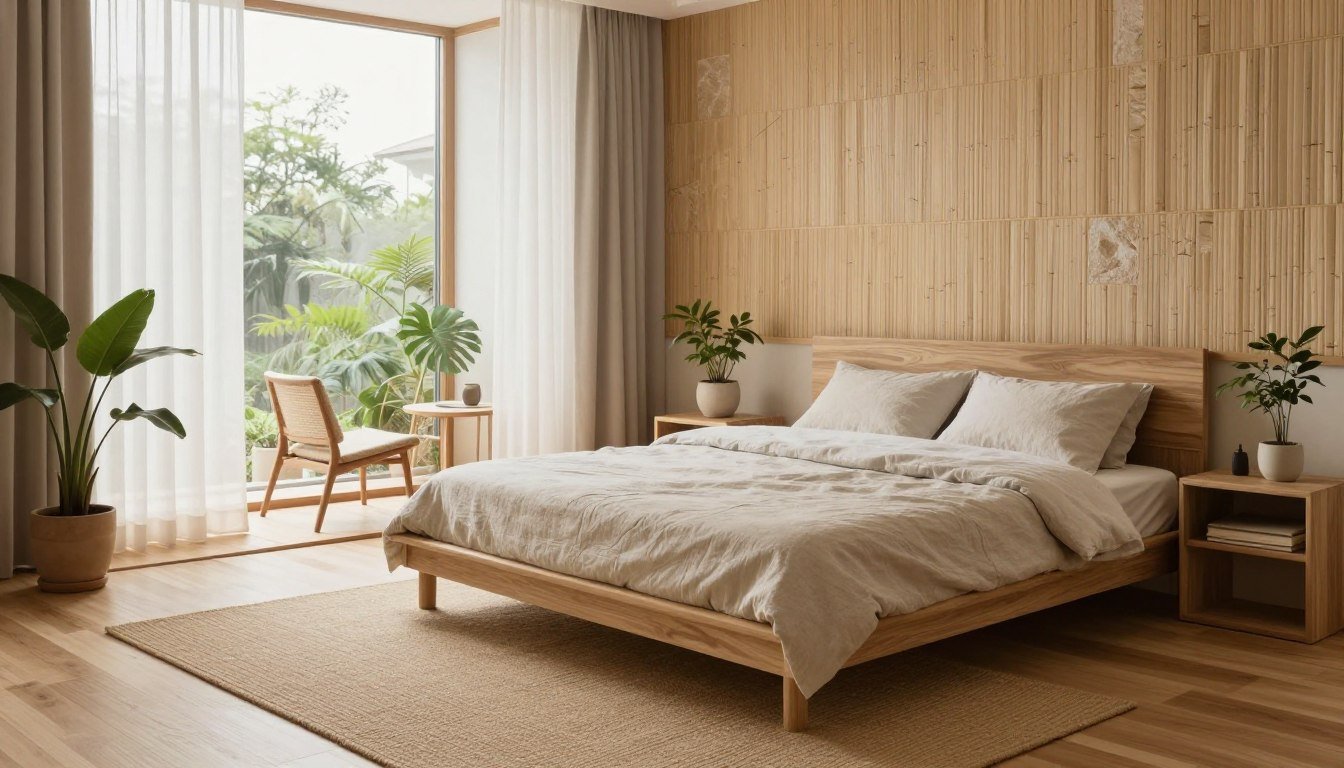 A serene Japandi bedroom featuring a harmonious blend of minimalist Scandinavian and Japanese design elements. In the foreground, a simple wooden bed with natural linen bedding in muted tones, flanked by low, wooden nightstands adorned with potted plants. The middle area showcases a woven rug that adds warmth to the light wooden flooring. An accent wall made of textured natural materials, such as bamboo or stone, creates a calming backdrop. Large windows allow soft, diffused daylight to filter through sheer curtains, enhancing the tranquil atmosphere. Include a small reading nook with a modern chair and a side table, surrounded by greenery. Capture the scene from a slightly elevated angle to emphasize openness and balance, evoking a sense of peace and connection to nature. Japandi Bedroom Inspiration: 10 Effortless Ideas for a Calmer Home by Dwell Studio 24