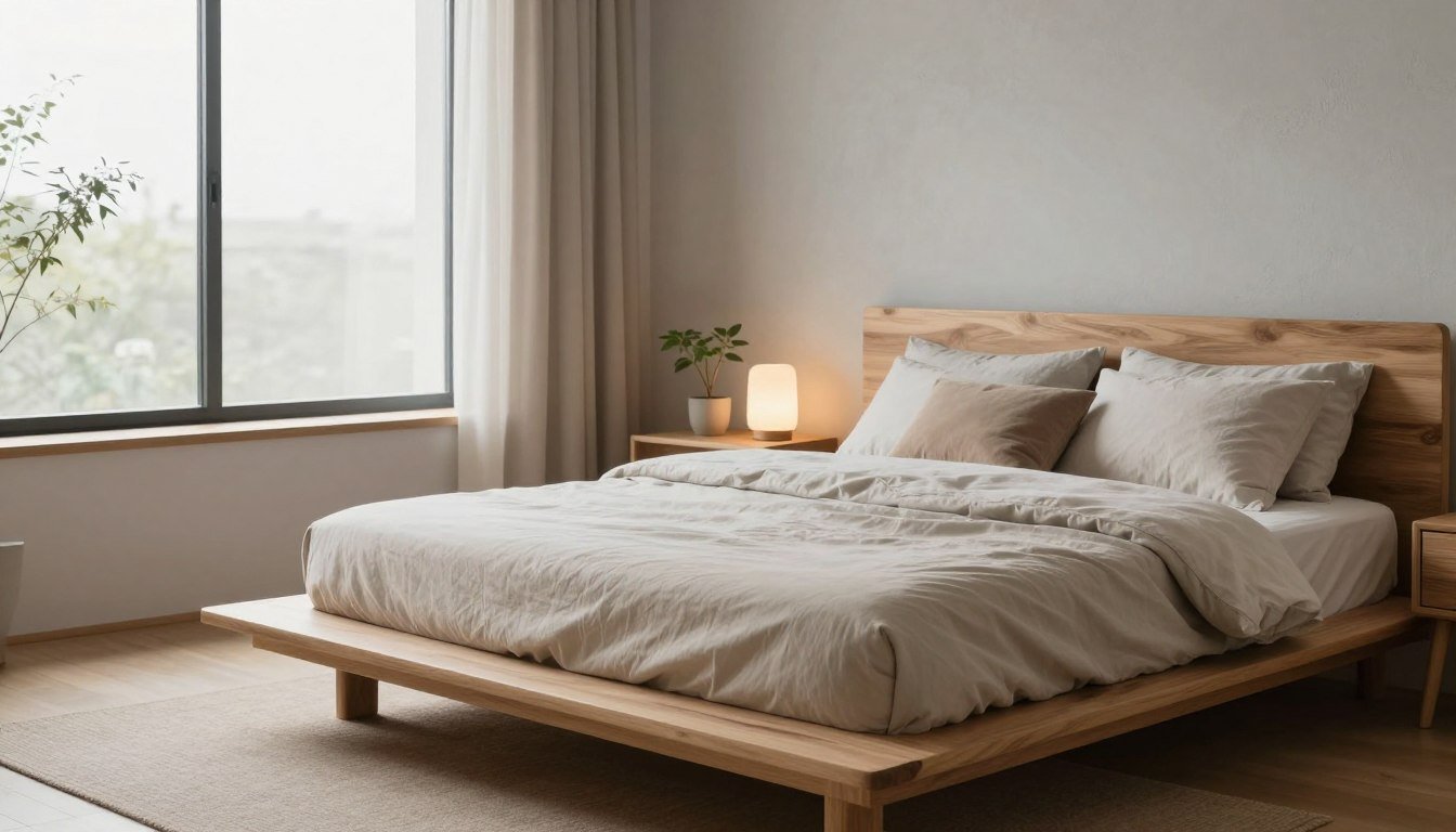 A serene Japandi bedroom featuring a low-profile bed frame that highlights a grounded aesthetic. The foreground shows a sleek, natural wood platform bed adorned with soft, neutral-toned bedding and minimalist pillows. The middle layer captures a harmonious arrangement of organic materials, including a bedside table with a small potted plant and a softly glowing lamp, all set against a backdrop of textured light-gray walls. In the background, large windows let in warm, diffused natural light, illuminating the space and enhancing the calm atmosphere. The overall feel is tranquil and balanced, embodying a blend of Japanese simplicity and Scandinavian functionality, with a focus on comfort and understated elegance. Japandi Bedroom Inspiration: 10 Effortless Ideas for a Calmer Home by Dwell Studio 24