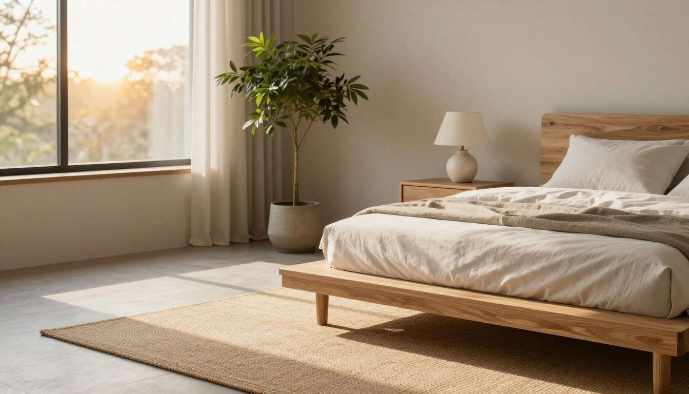 A serene Japandi bedroom featuring essential furniture pieces that embody the minimalist aesthetic. In the foreground, a low, wooden Japanese-style platform bed with clean lines and a neutral-colored bedding set. Beside it, a simple Nordic nightstand with a sleek table lamp made of ceramic. In the middle, a natural woven rug enhances the cozy atmosphere, while a large, potted plant adds a touch of greenery. The background showcases a soft, muted wall color and a large window letting in warm, golden hour sunlight, casting gentle shadows. The overall ambiance is calm, inviting, and harmonious, with an emphasis on simplicity and functionality, capturing the essence of Japandi design. Japandi Bedroom Inspiration: 10 Effortless Ideas for a Calmer Home by Dwell Studio 24