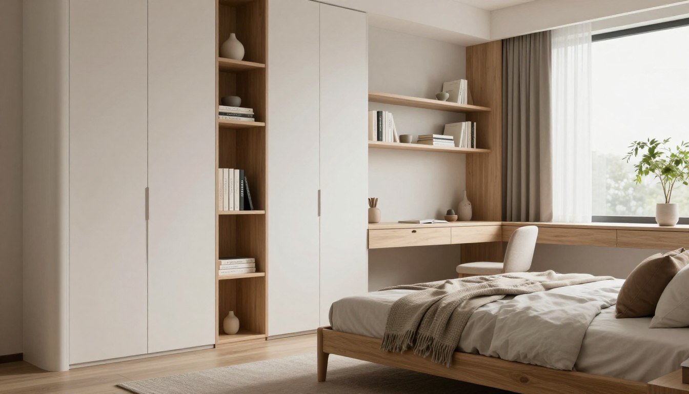 A serene Japandi bedroom showcasing innovative storage solutions, primarily featuring minimalist furniture with clean lines. In the foreground, a low-profile bed with a natural wooden frame, adorned with soft, neutral-toned bedding and a textured throw, invites relaxation. The middle ground reveals built-in shelving seamlessly integrated into the wall, housing neatly organized books and decorative items, while a modest desk with a hidden drawer sits beside a window, allowing natural light to stream in. The background displays warm wooden accents, a touch of greenery from potted plants, and a soothing color palette of taupes and whites. The scene captures the essence of Scandinavian and Japanese aesthetics, evoking a calm and organized atmosphere, perfect for maximizing space and storage. Soft, diffused lighting enhances the tranquil mood, creating an inviting and stylish interior. Japandi Bedroom Inspiration: 10 Effortless Ideas for a Calmer Home by Dwell Studio 24
