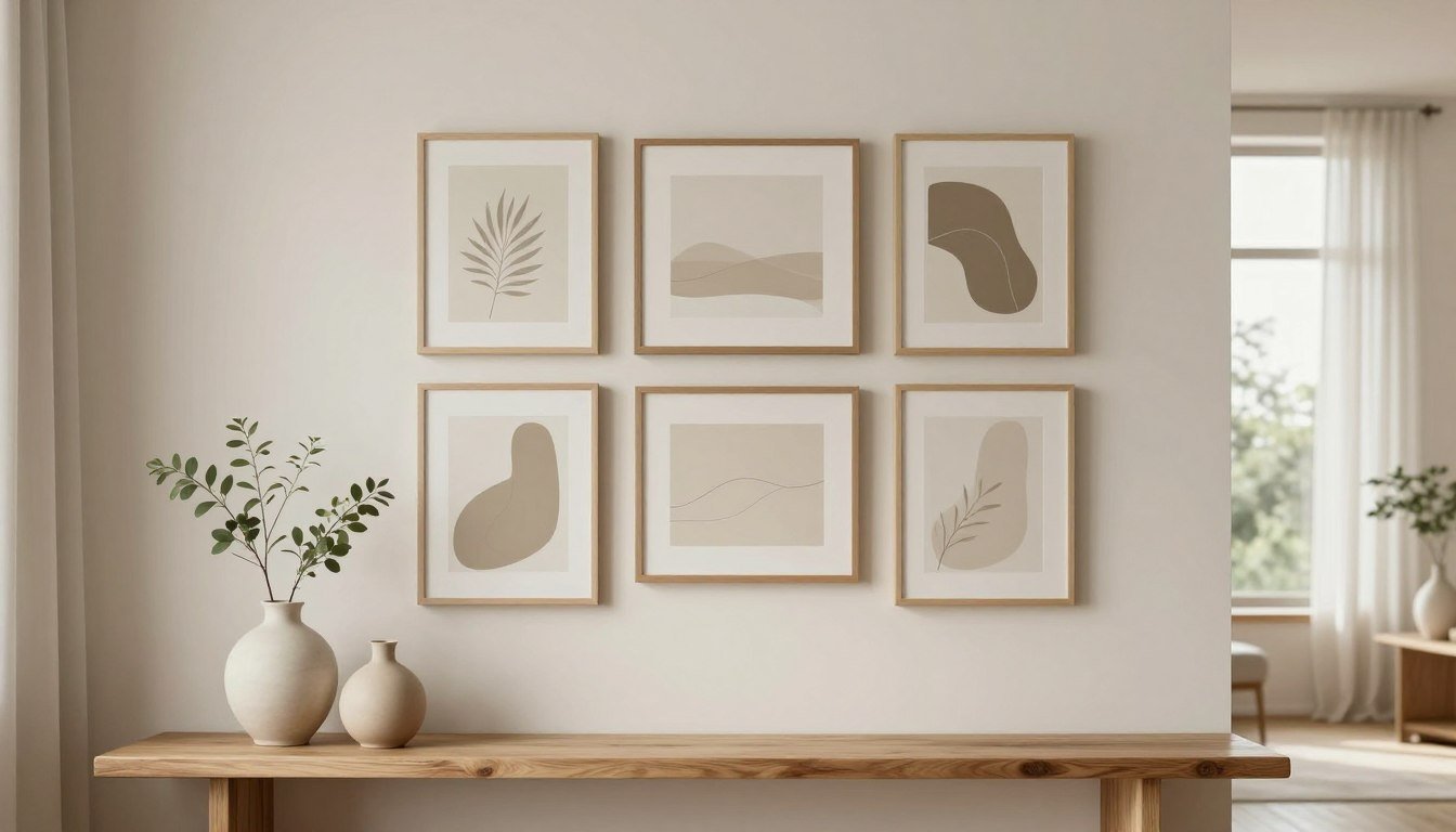 A serene Japandi-inspired minimalist wall decor scene featuring a beautifully arranged gallery of simple, abstract art pieces in neutral tones. In the foreground, a sleek wooden shelf displays delicate ceramic vases, subtly showcasing greenery. The middle ground features a minimalist wall with expertly framed prints—focused on natural elements and soft, flowing lines, enhancing the tranquil atmosphere. In the background, a softly lit, airy room with large windows allows gentle daylight to filter through sheer curtains, creating a harmonious blend of warmth and calmness. The colors are earthy, with soft beige, muted greens, and warm wood tones predominating, evoking a peaceful and inviting mood typical of Scandinavian and Japanese design. The image should evoke minimalist elegance without any text or branding. Japandi Bedroom Inspiration: 10 Effortless Ideas for a Calmer Home by Dwell Studio 24