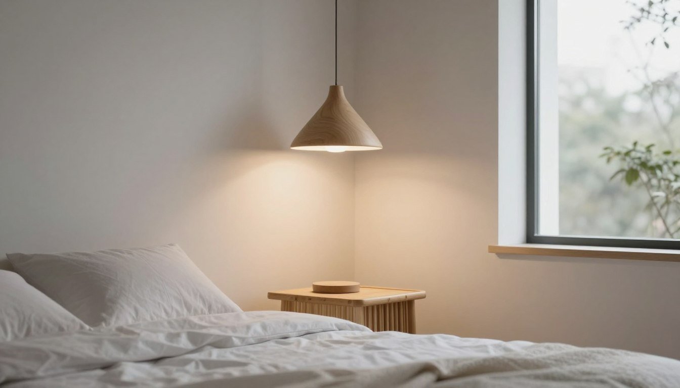 A serene Japandi style bedroom featuring minimalist lighting solutions. In the foreground, a soft, muted pendant light with a natural wood finish hangs gracefully above a simple, low-profile bed adorned with monochrome bedding. The middle section showcases a delicate floor lamp, blending Scandinavian and Japanese design elements, casting warm light across a bamboo side table. The background presents a tranquil scene with neutral walls, a large window allowing soft, diffused daylight, and subtly placed greenery enhancing the atmosphere. The overall mood is calm and inviting, with a focus on natural materials and functionality, emphasizing simplicity and elegance. The composition captures the essence of minimalist design in a cozy, stylish setting. Japandi Bedroom Inspiration: 10 Effortless Ideas for a Calmer Home by Dwell Studio 24