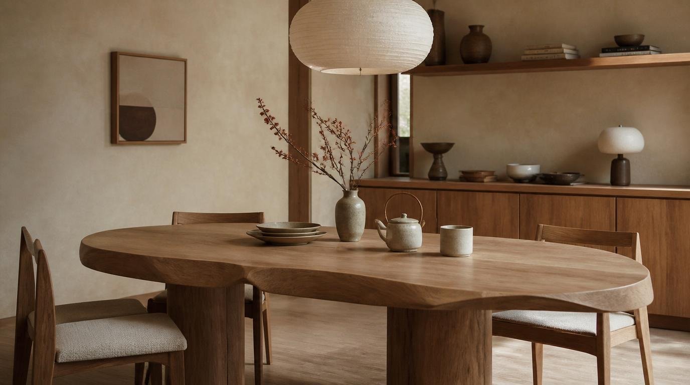 A warm and inviting Japandi dining room featuring a beautifully crafted wooden dining table as the focal point. The table is set for an intimate meal, with elegant, minimalist tableware that complements the design. Surrounding the table, there are simple yet stylish dining chairs made from natural materials, showcasing a blend of Scandinavian and Japanese aesthetics. The foreground includes soft textiles, like a subtle woven placemat and a delicate centerpiece of seasonal flowers in a ceramic vase. In the middle ground, large windows let in soft, natural light, casting gentle shadows. The background reveals a serene space with neutral walls and natural wood accents, adorned with minimalist decor. The atmosphere is peaceful and harmonious, embodying a timeless and minimalistic Japandi style, captured with a slight depth-of-field effect to enhance the focus on the dining area. How to Design a Beautiful Japandi Dining Room That Feels Warm, Minimal, and Timeless. By Dwell Studio 24