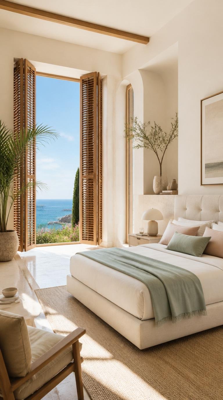 Serene modern Bali-style bedroom with a high vaulted wood-slat ceiling, white plaster walls, arched windows bringing in soft natural light, low natural wood bed with crisp white linens and a rust throw, woven rattan mirror and pendant lamp, earthy wood furniture, linen textures and minimalist tropical decor, warm neutral tones, peaceful luxury retreat, no people, no visible text.