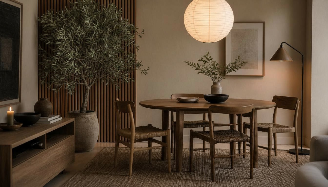 A cozy Japandi dining room featuring a small, wooden dining table with sleek, minimalist lines, surrounded by Scandinavian-style chairs in neutral tones. The room is filled with soft, natural light streaming through a large window, illuminating the warm, earthy color palette of the space. Decorative elements include simple, elegant ceramics on the table and a soft area rug underfoot, enhancing the comfort. In the background, subtle wall decor displays natural textures, like woven baskets, maintaining a clutter-free aesthetic. The atmosphere is serene and inviting, perfect for intimate gatherings. This composition captures the essence of Japandi design—minimal yet warm, timeless yet modern. The angle is slightly elevated, creating depth and a clear focus on the dining experience. How to Design a Beautiful Japandi Dining Room That Feels Warm, Minimal, and Timeless. By Dwell Studio 24