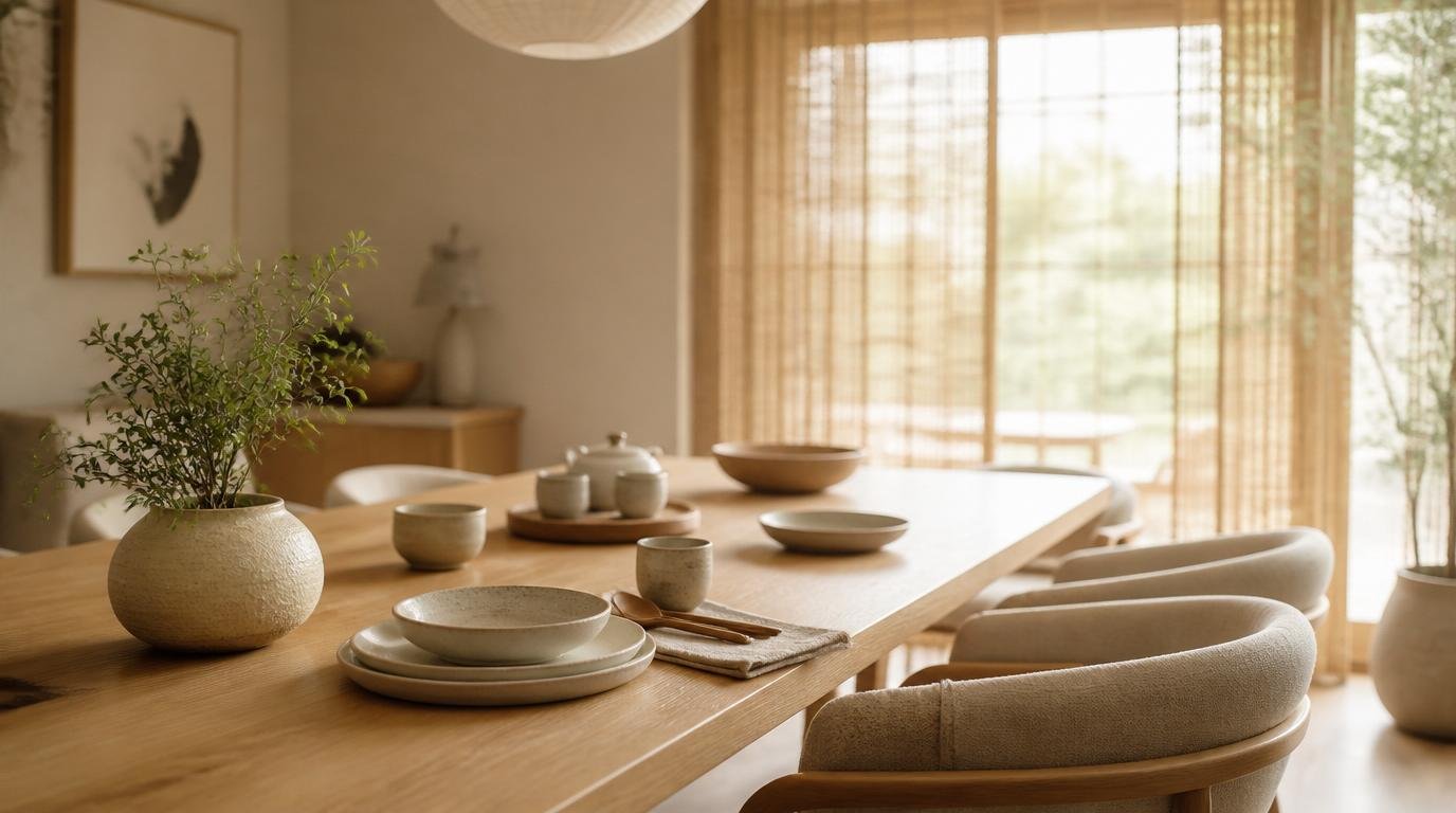 A warm Japandi dining room featuring a beautifully minimalist wooden dining table with simple, elegant tableware. In the foreground, a set of neutral-toned ceramic plates and wooden utensils are thoughtfully arranged, accompanied by a small green plant in a textured planter. The middle ground showcases sleek, comfortable dining chairs with soft, muted upholstery, fostering a cozy atmosphere. The background reveals large windows allowing natural light to pour in, illuminating soft bamboo curtains. The walls are adorned with subtle art pieces that reflect Nordic simplicity. The scene is captured with a soft focus lens to create a dreamy, inviting mood, emphasizing minimalism with a timeless feel. How to Design a Beautiful Japandi Dining Room That Feels Warm, Minimal, and Timeless. By Dwell Studio 24