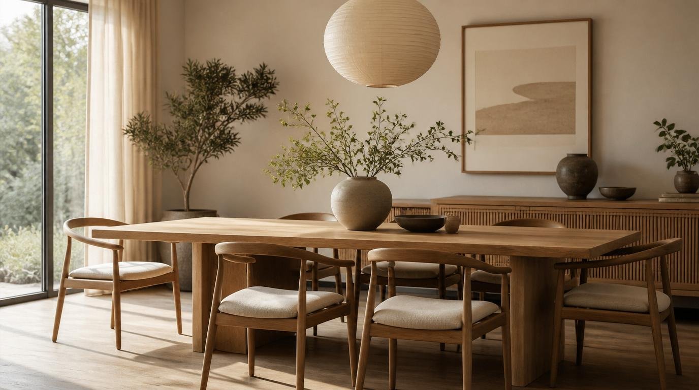 A warm and inviting Japandi dining room featuring minimalist Scandinavian design elements. In the foreground, elegant wooden dining chairs with soft cushions seamlessly blend comfort and simplicity, arranged around a sleek, natural wood table. The middle ground showcases a light, airy atmosphere with a large window allowing soft, diffused natural light to illuminate the space, creating a tranquil ambiance. Decorative elements include carefully placed ceramic vases and greenery, emphasizing the connection to nature. The background features subtle, neutral-toned walls adorned with minimalist artwork. Soft shadows cast across the floor enhance the serene, timeless feel of the room. The overall mood is calm, inviting, and harmonious, reflecting a perfect balance of comfort and minimalism. How to Design a Beautiful Japandi Dining Room That Feels Warm, Minimal, and Timeless. By Dwell Studio 24