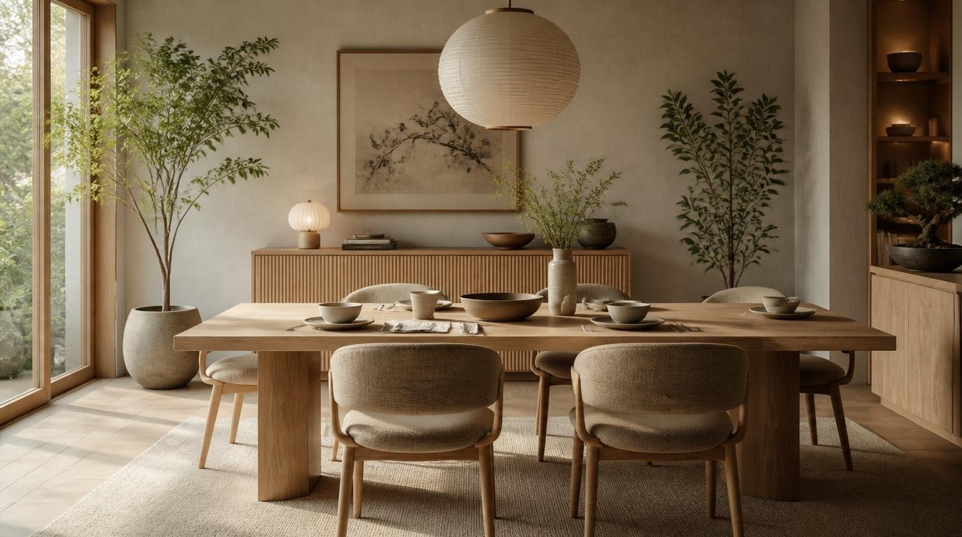 A warm and inviting Japandi dining room showcases a harmonious blend of minimalist Scandinavian and Japanese aesthetics. In the foreground, a light wooden dining table, elegantly set with simple ceramic dishware, sits atop a soft, neutral-toned area rug. The middle section features stylish, low-profile chairs upholstered in muted earth tones, surrounded by greenery from thoughtfully placed potted plants. The background reveals a wall adorned with subtle, organic textures in soft beige and light gray hues, enhancing the calm atmosphere. Soft, diffused natural light streams through large windows, casting gentle shadows and highlighting the artisanal craft of the decor. Capture the essence of simplicity and timelessness that characterizes the Japandi color palette, conveying a serene and welcoming mood. How to Design a Beautiful Japandi Dining Room That Feels Warm, Minimal, and Timeless. By Dwell Studio 24