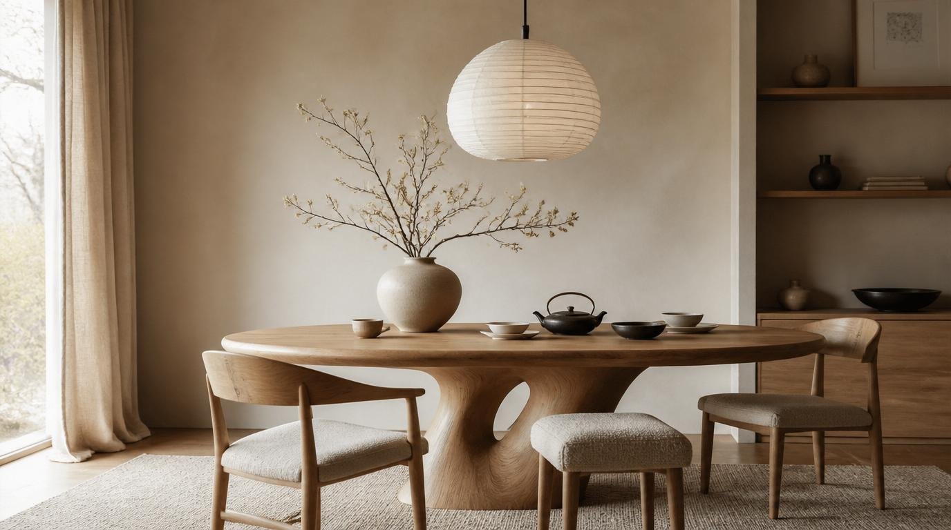 A warm and inviting Japandi dining room featuring a beautifully crafted wooden dining table as the focal point. The table is set for an intimate meal, with elegant, minimalist tableware that complements the design. Surrounding the table, there are simple yet stylish dining chairs made from natural materials, showcasing a blend of Scandinavian and Japanese aesthetics. The foreground includes soft textiles, like a subtle woven placemat and a delicate centerpiece of seasonal flowers in a ceramic vase. In the middle ground, large windows let in soft, natural light, casting gentle shadows. The background reveals a serene space with neutral walls and natural wood accents, adorned with minimalist decor. The atmosphere is peaceful and harmonious, embodying a timeless and minimalistic Japandi style, captured with a slight depth-of-field effect to enhance the focus on the dining area. How to Design a Beautiful Japandi Dining Room That Feels Warm, Minimal, and Timeless. By Dwell Studio 24