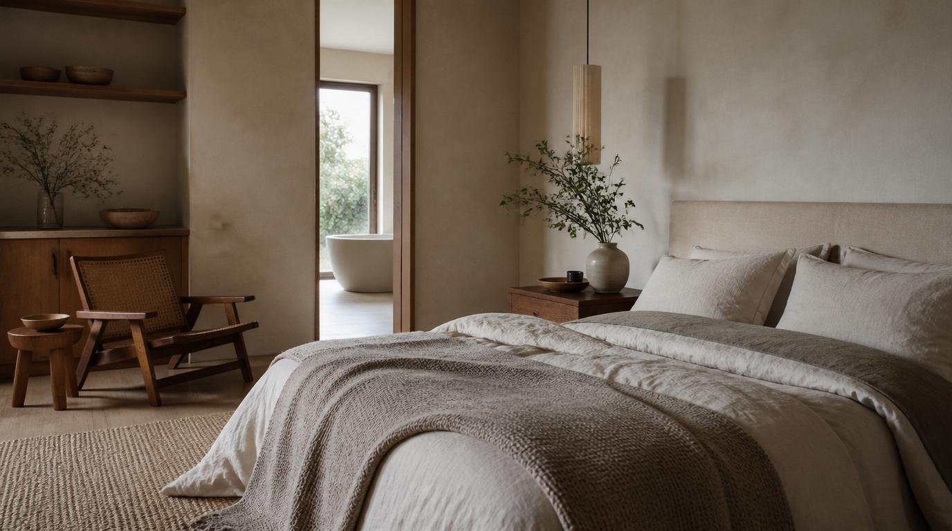 A serene Japandi-style bedroom featuring a neutral color palette with soft beige, warm taupe, and muted gray tones. In the foreground, a minimalist wooden bed is adorned with simple, elegant bedding in subtle earth tones. To the left, a Scandinavian-style bedside table holds a small potted plant, adding a touch of greenery. The middle ground showcases a cozy seating area with a plush, light-colored armchair and a textured throw blanket. The background reveals a gently lit, spacious window dressed with sheer curtains, allowing soft, natural light to illuminate the room. Use a wide-angle lens to capture the tranquil atmosphere, emphasizing clean lines and harmonious balance. The overall mood is calm and inviting, perfect for relaxation. Japandi Bedroom Inspiration: 10 Effortless Ideas for a Calmer Home by Dwell Studio 24