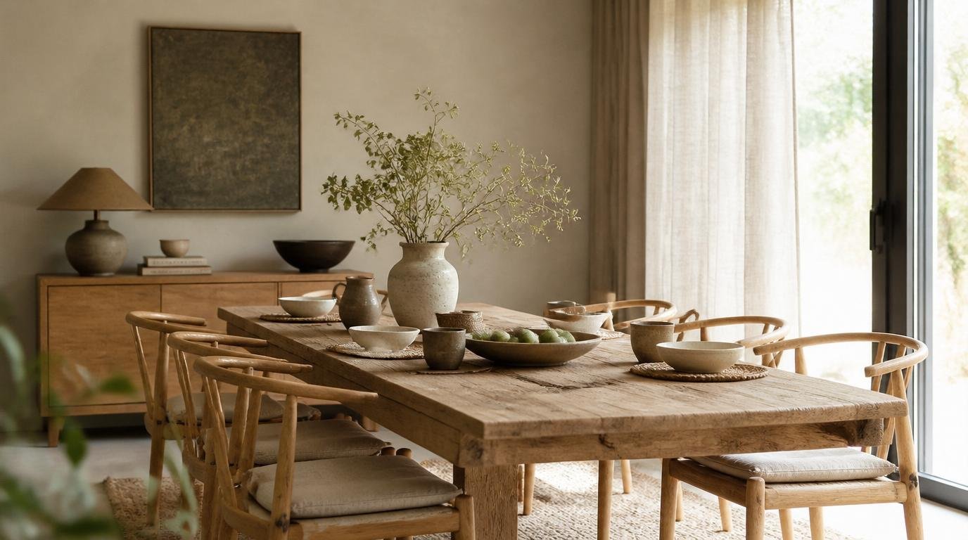 A serene Japandi dining room, emphasizing natural textures and materials. In the foreground, a simple wooden dining table accompanied by minimalist chairs, subtly showcasing warm tones and natural grain. The middle features a carefully arranged centerpiece with a selection of organic elements, such as stones and greenery that enhance the earthy feel. In the background, soft natural light filters through sheer linen curtains, illuminating the space and creating a warm, inviting atmosphere. The walls are painted in soft neutral tones, while a Scandinavian-inspired pendant light hangs elegantly above the table, casting a gentle glow. The overall mood is calm and timeless, reflecting the essence of minimalism and functional beauty. Capture this scene from a slight angle to convey depth and warmth in the interaction of materials. How to Design a Beautiful Japandi Dining Room That Feels Warm, Minimal, and Timeless. By Dwell Studio 24