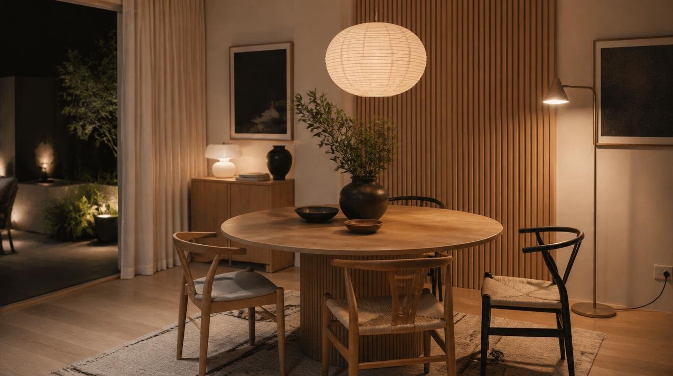 A cozy Japandi dining room interior, featuring a minimalist wooden dining table surrounded by elegantly simple chairs. The scene is softly lit by pendant lights with warm, diffused glow, casting gentle shadows that enhance the natural wood textures. In the foreground, a stylish centerpiece of greenery reflects the essence of Scandinavian design. The middle ground reveals an artfully arranged table set, with tableware displaying muted, earthy tones. In the background, large windows let in natural light, creating a seamless connection with the outdoors while framing a serene view of a garden. The atmosphere is warm and inviting, embodying timeless elegance. Focus on a wide-angle shot, emphasizing the harmonious blend of Japanese and Scandinavian elements, with a soft, tranquil color palette to enhance the overall mood. How to Design a Beautiful Japandi Dining Room That Feels Warm, Minimal, and Timeless. By Dwell Studio 24