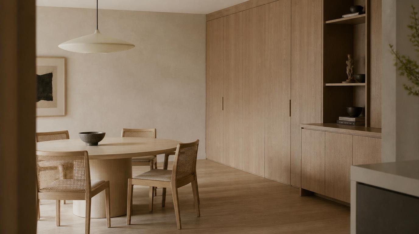 A serene Japandi dining room featuring a minimalist design with a blend of Scandinavian and Japanese aesthetics. In the foreground, a simple, wooden dining table with clean lines, accompanied by slender, minimalist chairs that reflect natural tones. A centerpiece of fresh greenery adds a touch of warmth. In the middle ground, subtle wall art and a sleek sideboard enhance the uncluttered feel, while carefully placed decorative elements maintain simplicity. The background showcases large windows allowing soft, diffused natural light to stream in, creating an inviting atmosphere. The entire space is bathed in a warm color palette of earthy hues and neutral tones, evoking a timeless and tranquil ambiance ideal for a clutter-free environment. The image captures the essence of minimalism, emphasizing open space and harmony. How to Design a Beautiful Japandi Dining Room That Feels Warm, Minimal, and Timeless. By Dwell Studio 24
