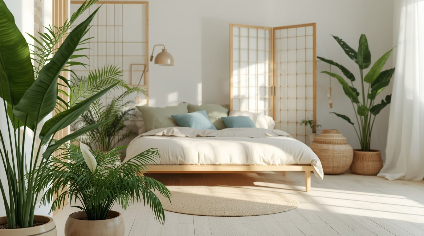 A serene Japandi-inspired bedroom showcasing botanical elements, emphasizing minimalist Scandinavian aesthetics. In the foreground, include lush green houseplants such as ferns and peace lilies in elegant ceramic pots, softening the space. The middle ground features a low wooden bed with neutral bedding, harmoniously blended with natural wood tones. In the background, a shoji screen subtly filters soothing light, casting gentle shadows across the room. The atmosphere is tranquil, inviting a sense of calm and connection to nature. Capture this scene with soft, diffused lighting at a slight angle to enhance the textures of the plants and furnishings, evoking a peaceful, indoor garden feel.