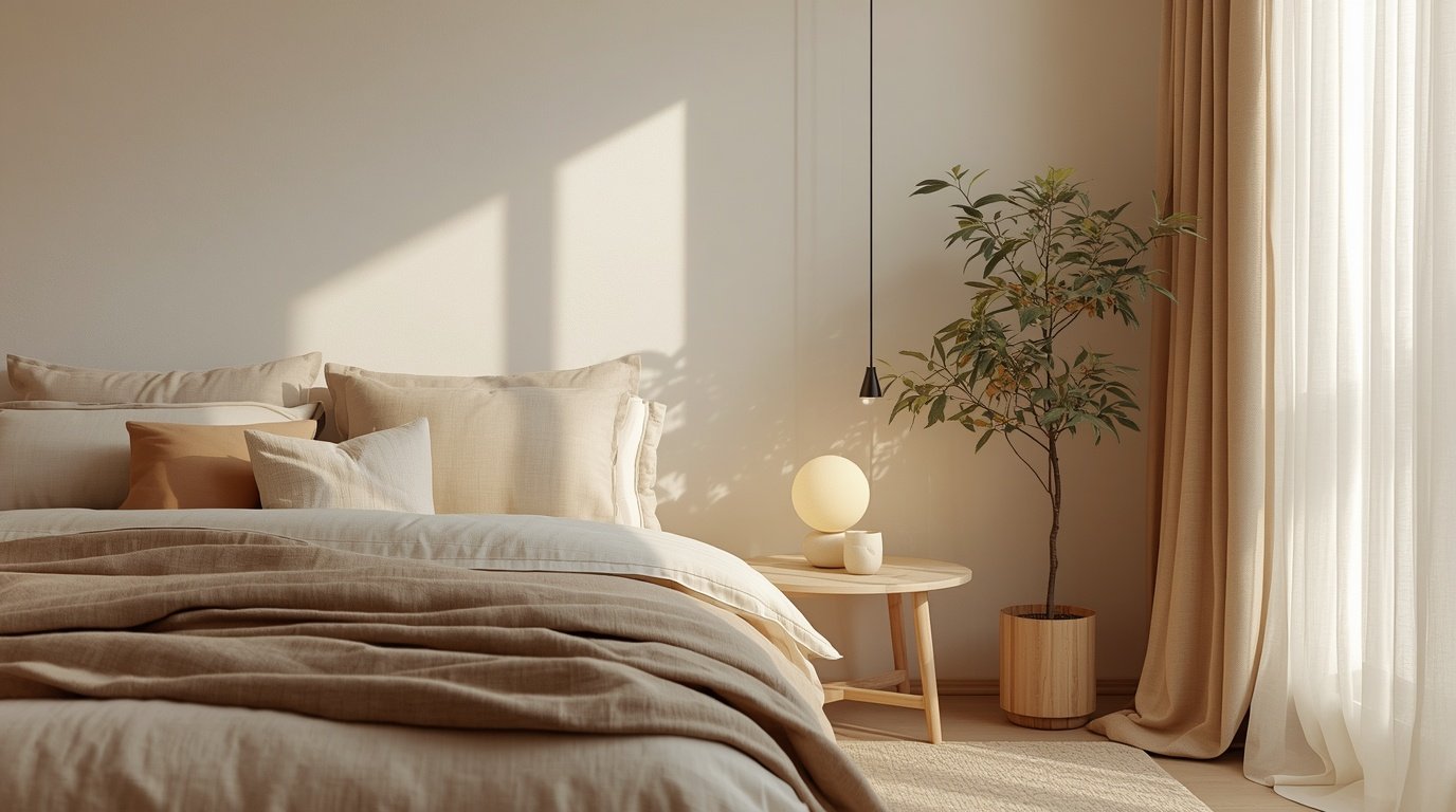 A serene Japandi-style bedroom featuring a neutral color palette with soft beige, warm taupe, and muted gray tones. In the foreground, a minimalist wooden bed is adorned with simple, elegant bedding in subtle earth tones. To the left, a Scandinavian-style bedside table holds a small potted plant, adding a touch of greenery. The middle ground showcases a cozy seating area with a plush, light-colored armchair and a textured throw blanket. The background reveals a gently lit, spacious window dressed with sheer curtains, allowing soft, natural light to illuminate the room. Use a wide-angle lens to capture the tranquil atmosphere, emphasizing clean lines and harmonious balance. The overall mood is calm and inviting, perfect for relaxation. Japandi Bedroom Inspiration: 10 Effortless Ideas for a Calmer Home by Dwell Studio 24
